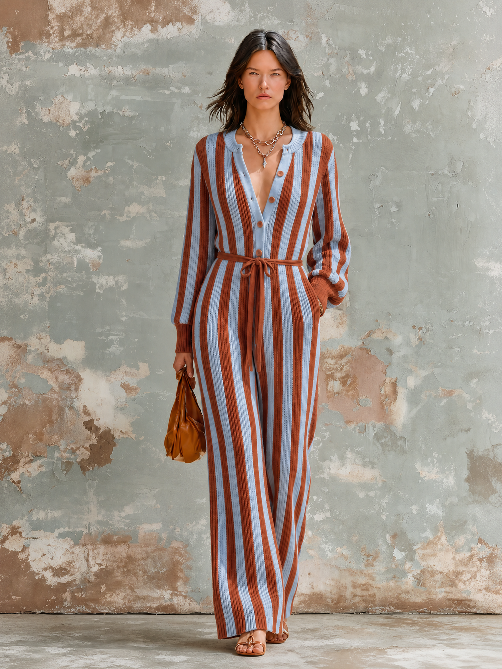 Mono Chic Elegante a Rayas Azul y Óxido con Botonadura, Manga Larga y Cintura Lazada