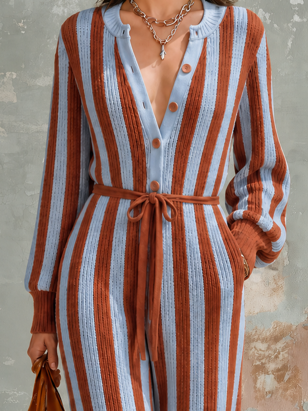 Mono Chic Elegante a Rayas Azul y Óxido con Botonadura, Manga Larga y Cintura Lazada