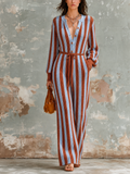 Mono Chic Elegante a Rayas Azul y Óxido con Botonadura, Manga Larga y Cintura Lazada