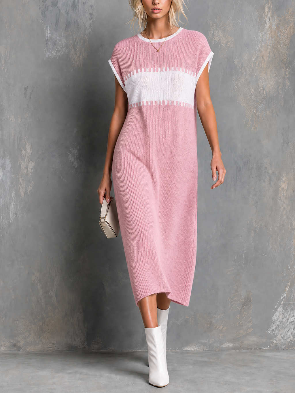 Vestido Midi Chic Elegante Colorblock Rosa Empolvado y Blanco con Cuello Redondo y Manga Casquillo