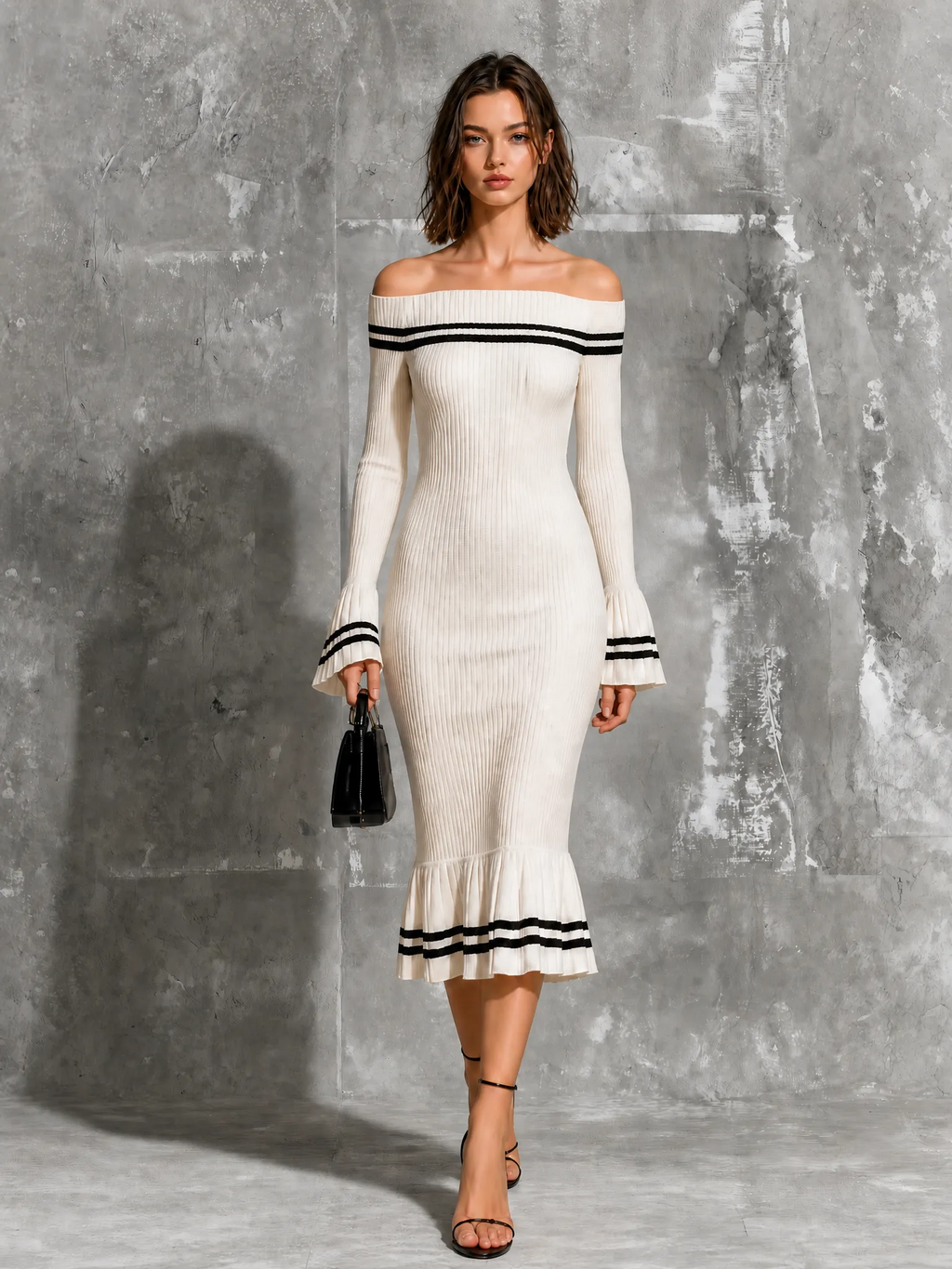 Vestido Midi Chic Elegante Blanco Off-Shoulder con Ribete en Contraste, Manga Larga y Silueta Sirena