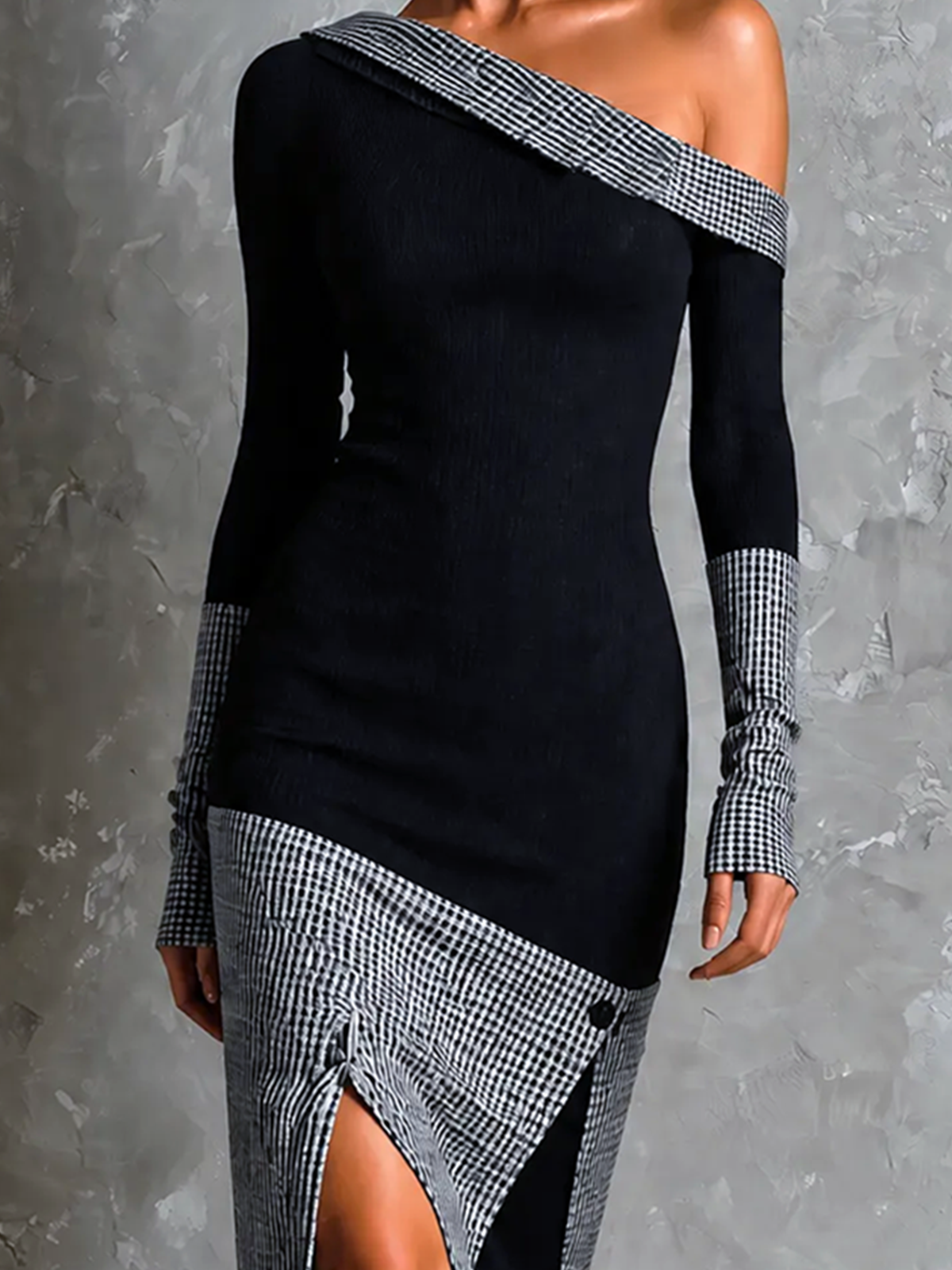 Vestido Midi Chic Elegante Negro Off-Shoulder Asimétrico Colorblock Vichy con Abertura Lateral