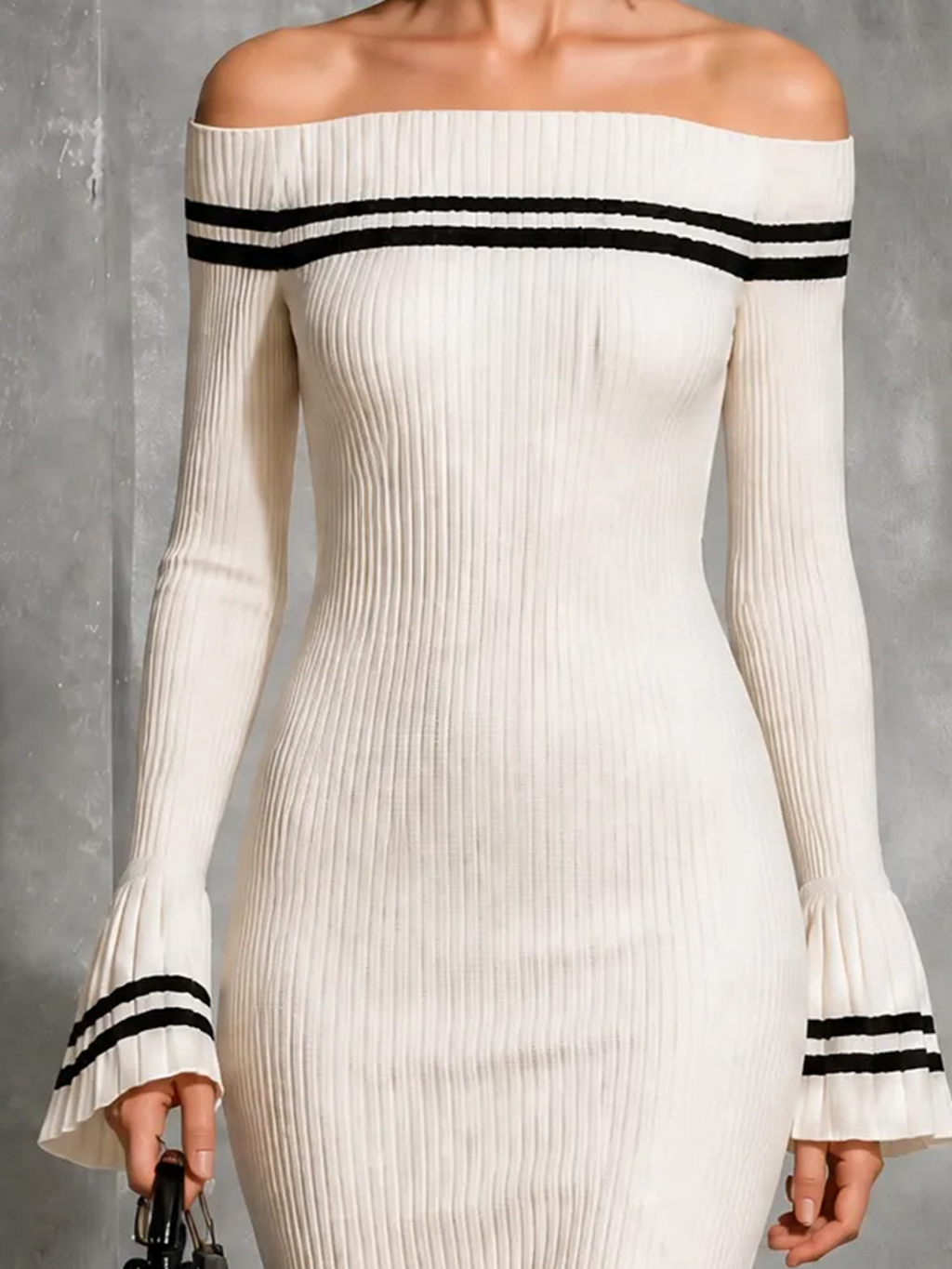 Vestido Midi Chic Elegante Blanco Off-Shoulder con Ribete en Contraste, Manga Larga y Silueta Sirena
