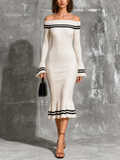 Vestido Midi Chic Elegante Blanco Off-Shoulder con Ribete en Contraste, Manga Larga y Silueta Sirena