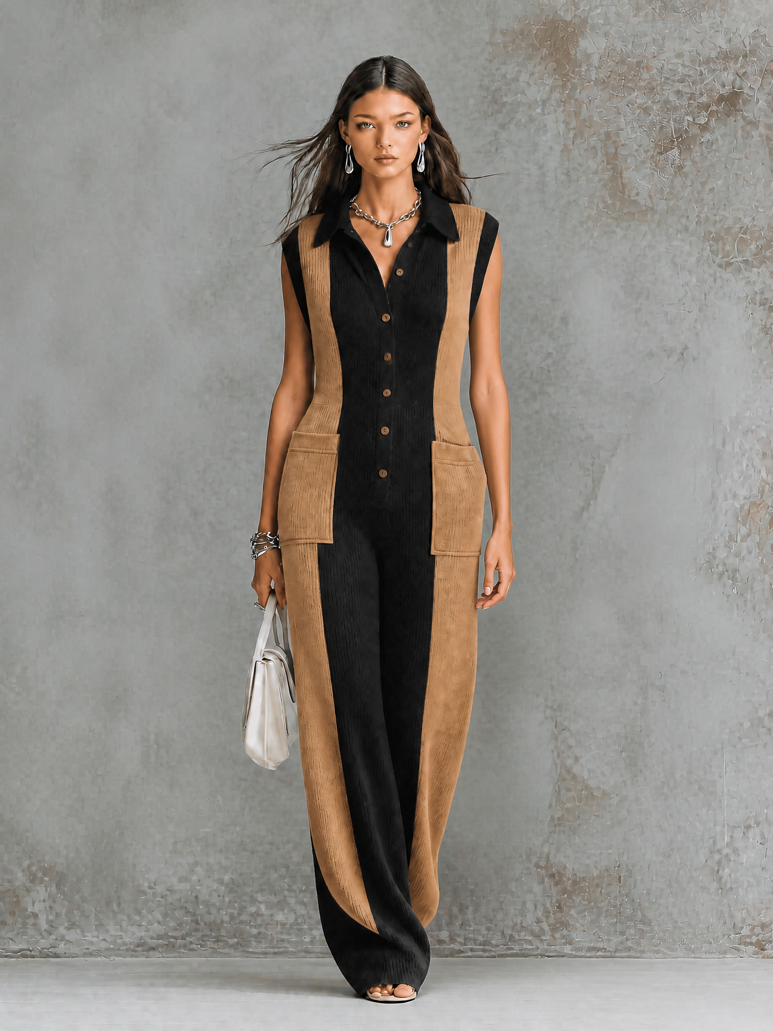 Mono Chic Elegante Colorblock Negro y Camel con Cuello Solapa, Botonadura y Bolsillos