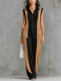 Mono Chic Elegante Colorblock Negro y Camel con Cuello Solapa, Botonadura y Bolsillos
