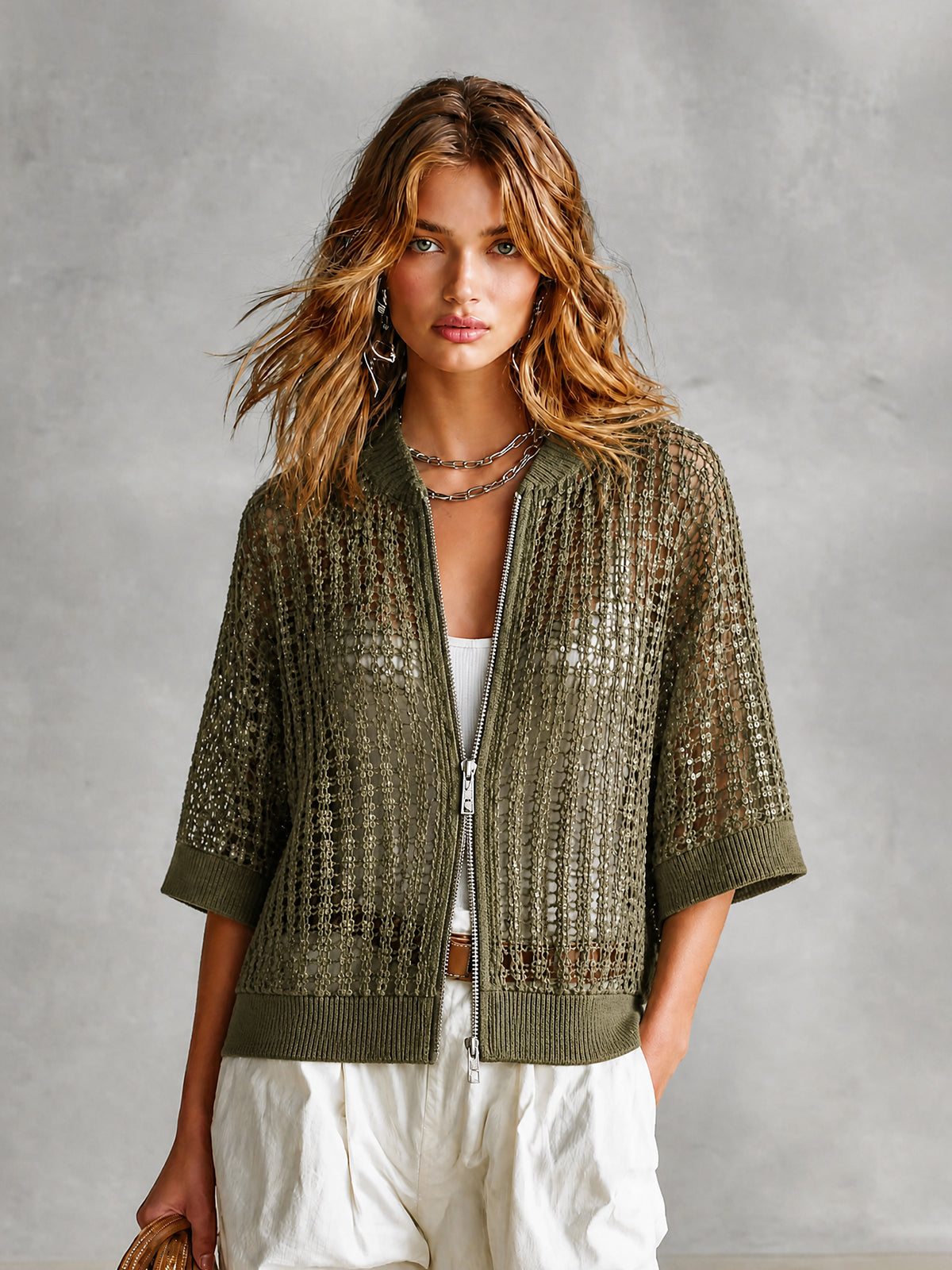 Cárdigan Chic Verde Oliva con Cuello Béisbol, Lentejuelas y Doble Cremallera en Malla