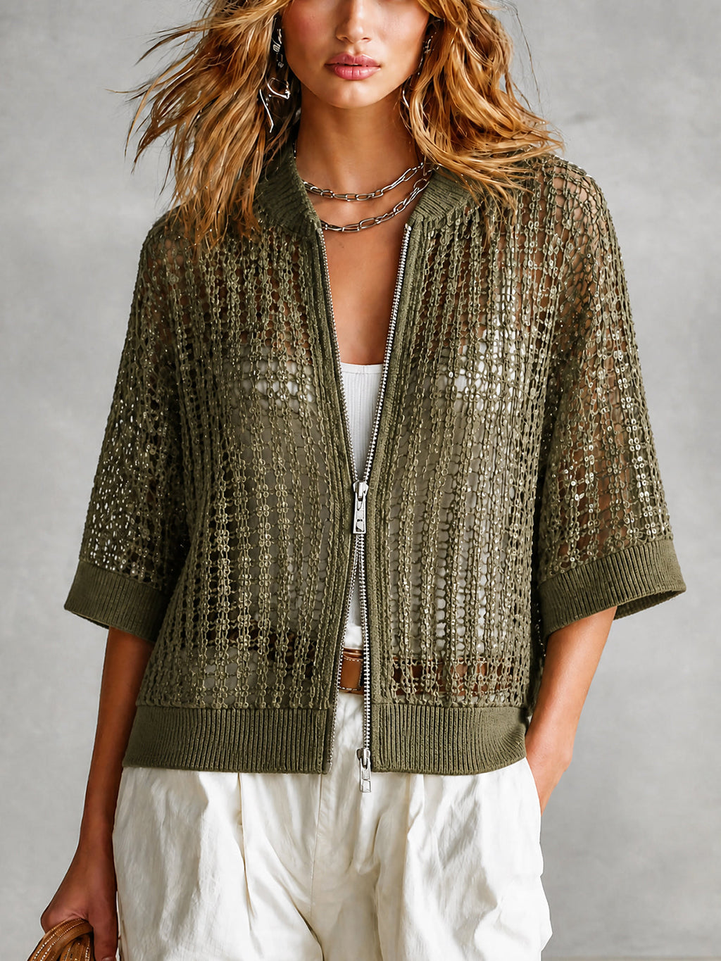 Cárdigan Chic Verde Oliva con Cuello Béisbol, Lentejuelas y Doble Cremallera en Malla