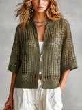 Cárdigan Chic Verde Oliva con Cuello Béisbol, Lentejuelas y Doble Cremallera en Malla