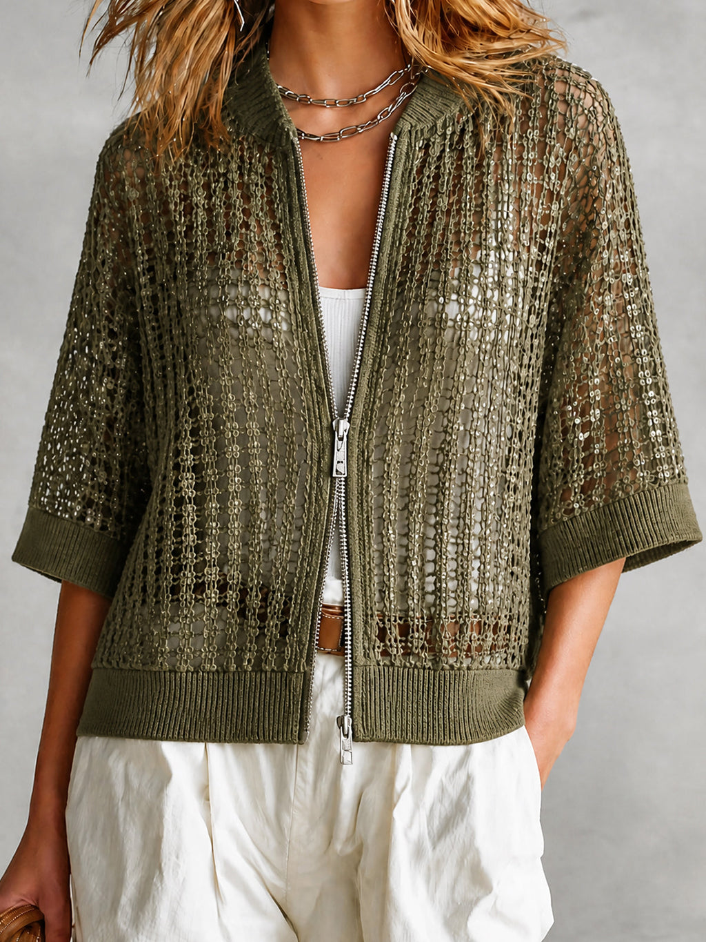 Cárdigan Chic Verde Oliva con Cuello Béisbol, Lentejuelas y Doble Cremallera en Malla