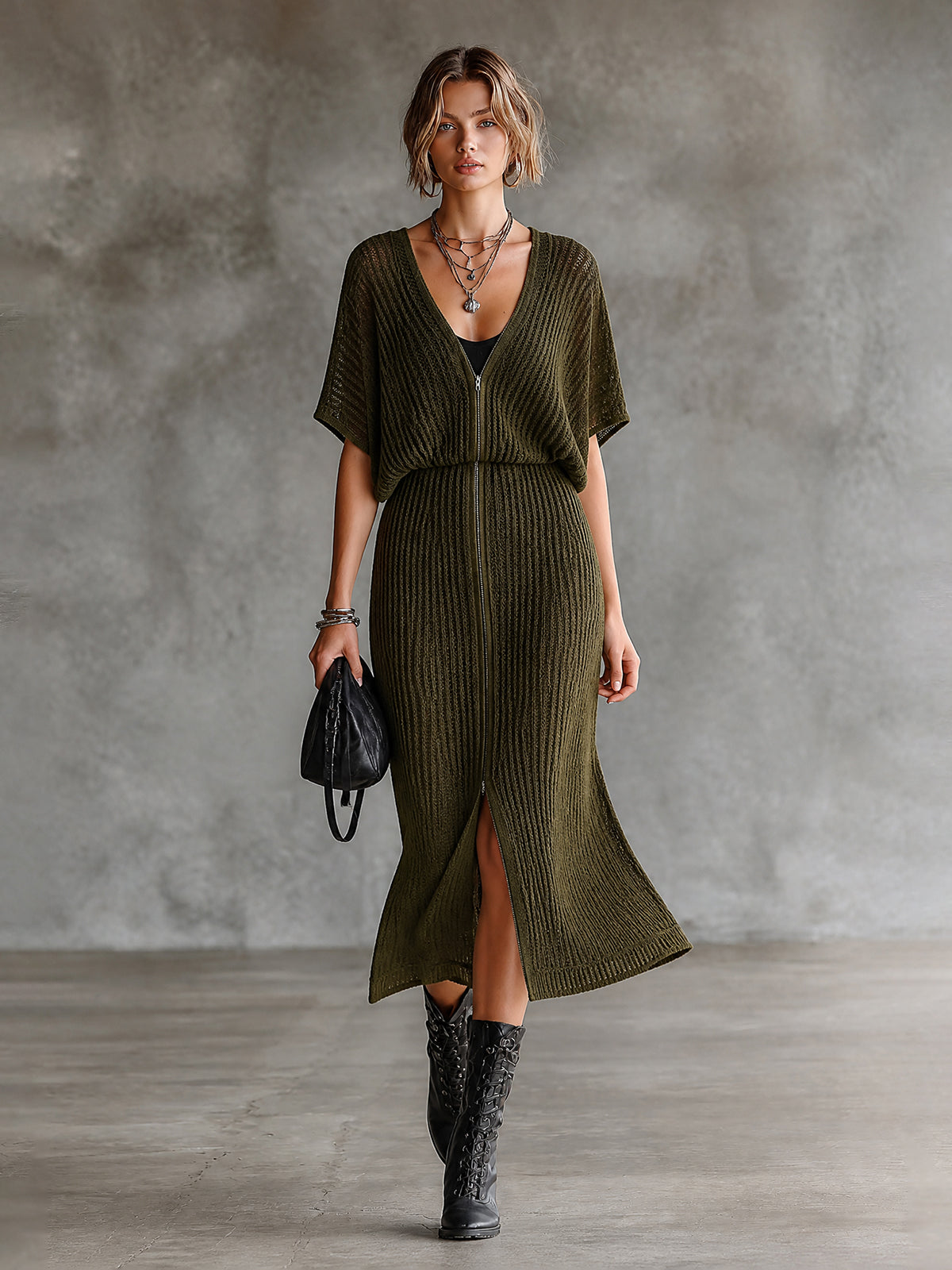 Vestido Midi Chic Verde Oliva con Cuello en V, Manga Corta Murciélago y Doble Cremallera