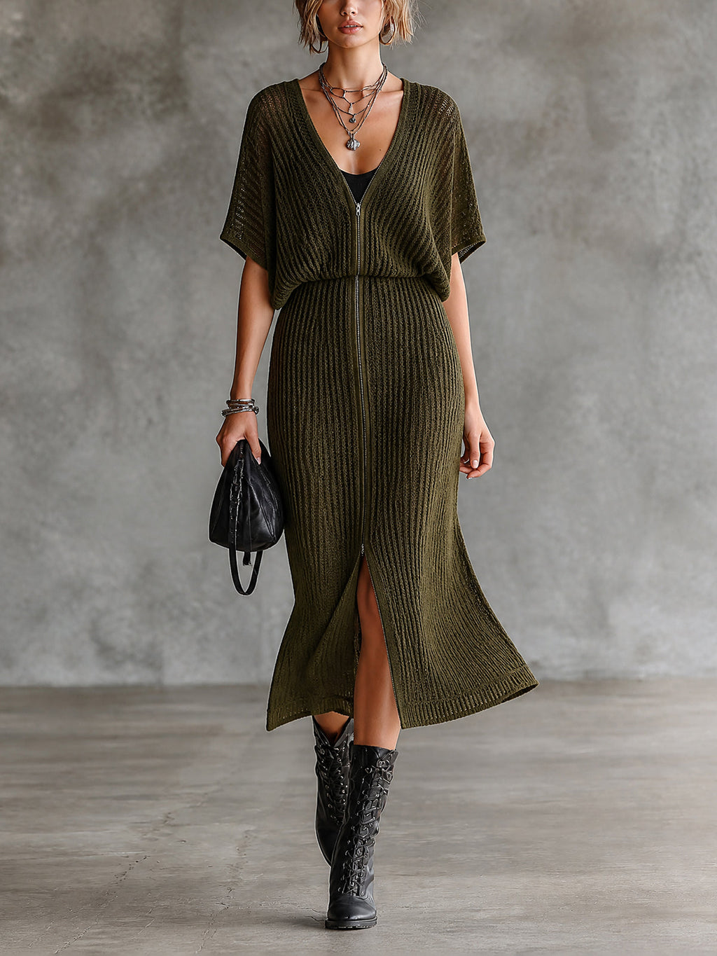 Vestido Midi Chic Verde Oliva con Cuello en V, Manga Corta Murciélago y Doble Cremallera