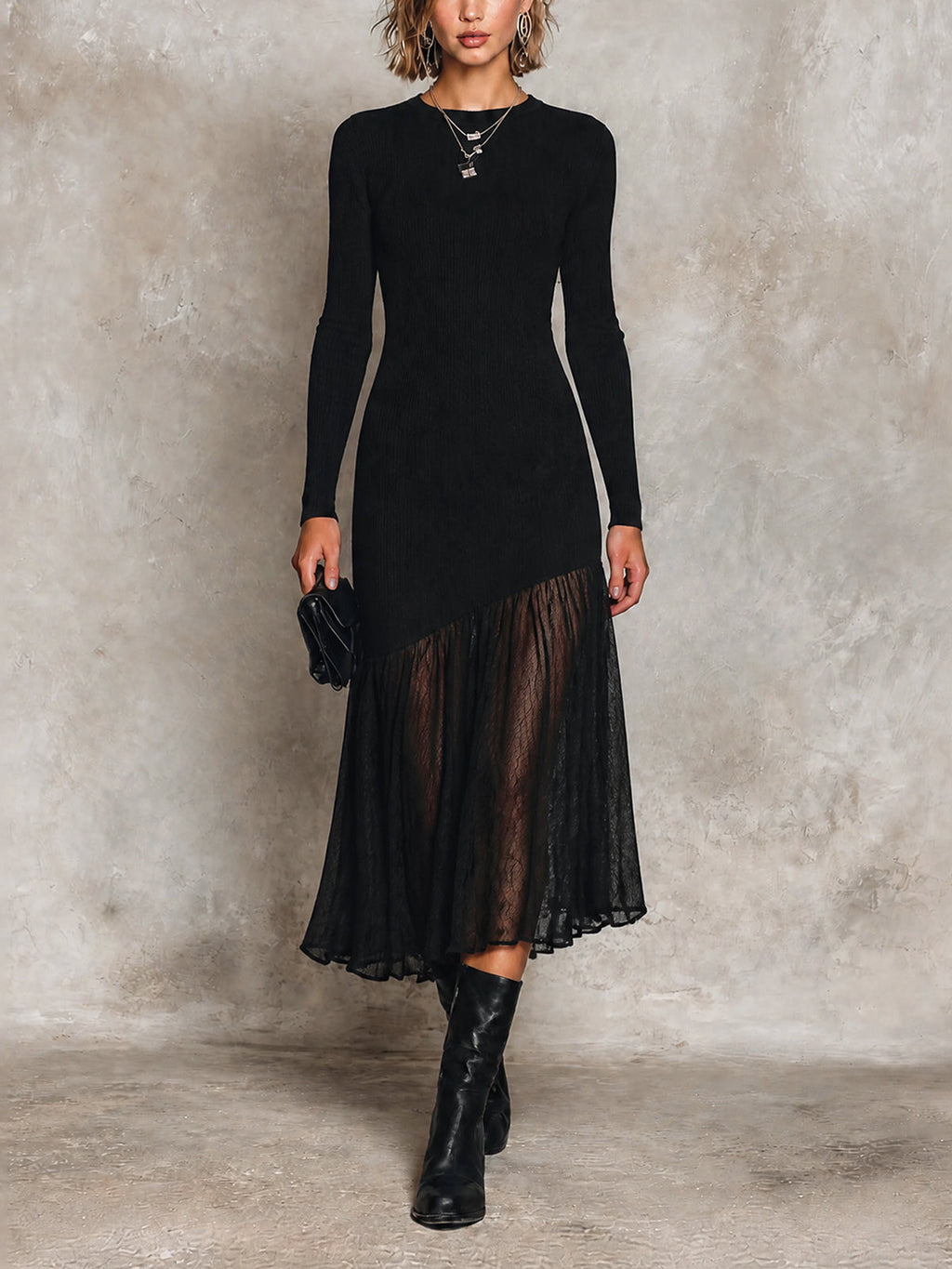 Vestido Midi Chic Negro con Cuello Redondo, Manga Larga, Dobladillo Asimétrico y Falda Plisada