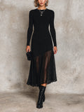 Vestido Midi Chic Negro con Cuello Redondo, Manga Larga, Dobladillo Asimétrico y Falda Plisada