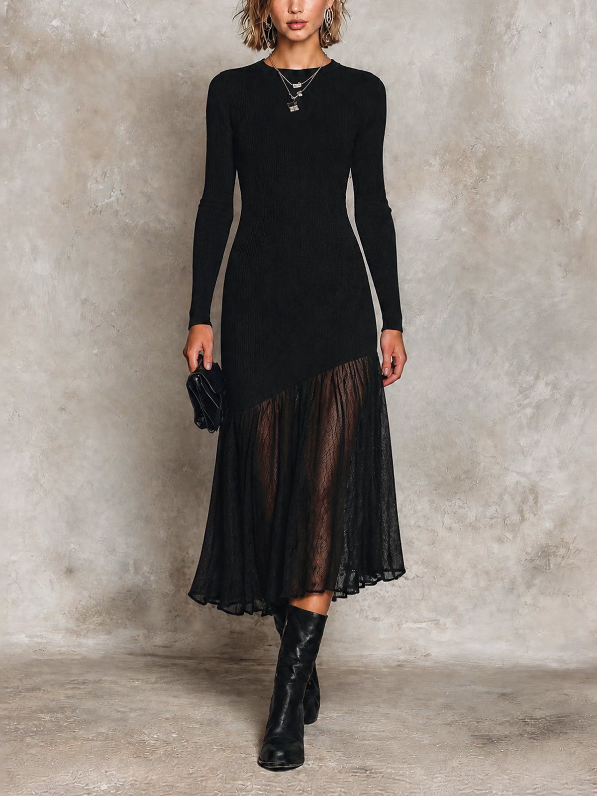 Vestido Midi Chic Negro con Cuello Redondo, Manga Larga, Dobladillo Asimétrico y Falda Plisada