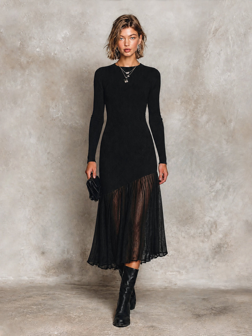 Vestido Midi Chic Negro con Cuello Redondo, Manga Larga, Dobladillo Asimétrico y Falda Plisada
