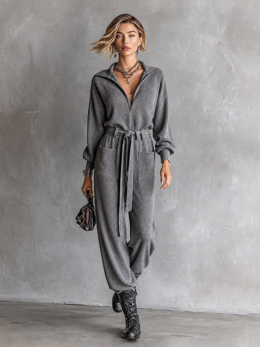 Mono Chic Casual Gris con Media Cremallera, Cuello Solapa, Manga Larga y Cinturón