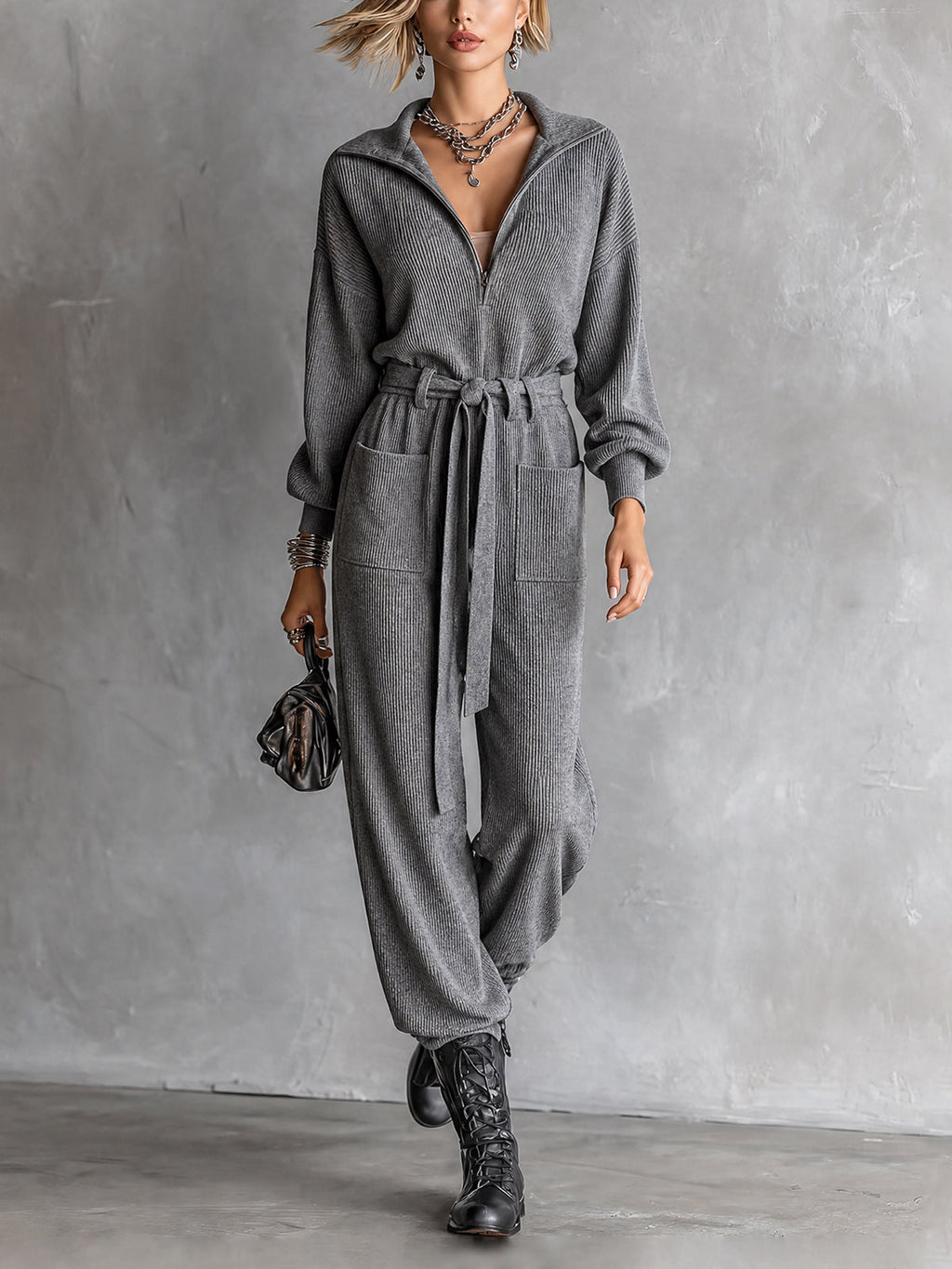 Mono Chic Casual Gris con Media Cremallera, Cuello Solapa, Manga Larga y Cinturón