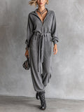 Mono Chic Casual Gris con Media Cremallera, Cuello Solapa, Manga Larga y Cinturón