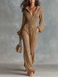 Mono Chic Elegante Camel con Cuello Alto, Media Cremallera, Lentejuelas y Manga Larga