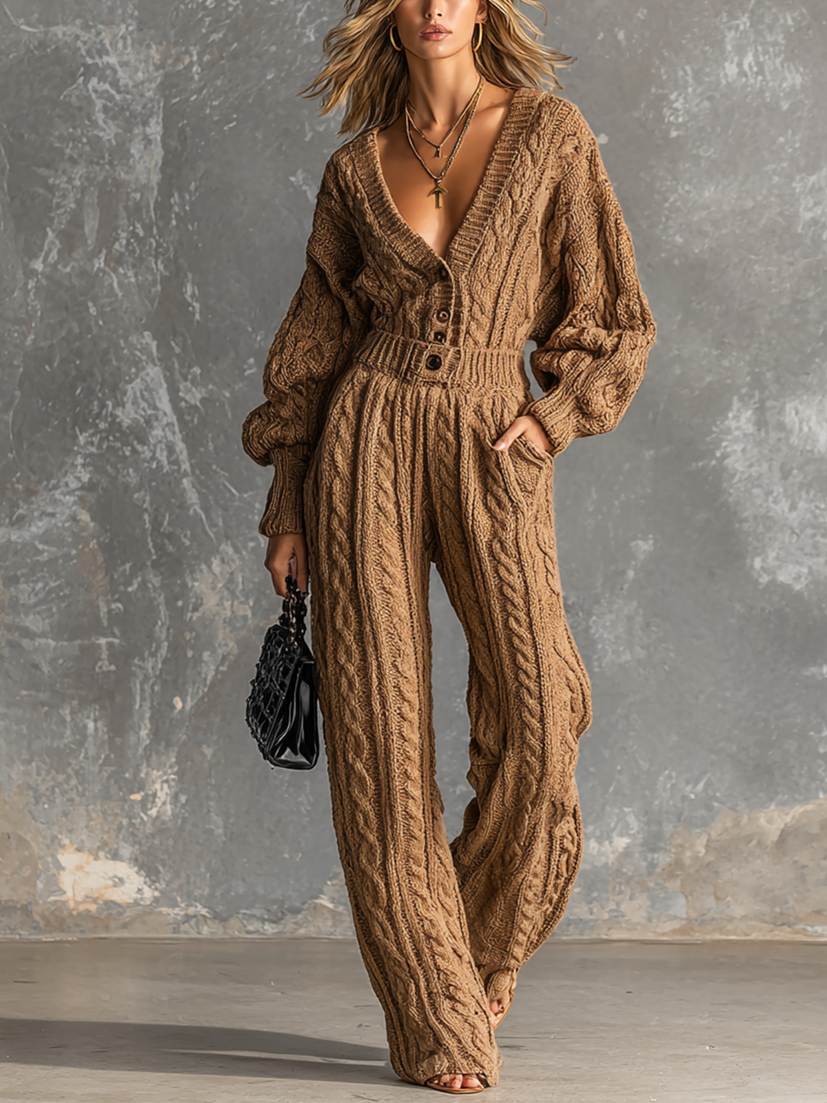 Mono Chic Elegante Camel con Cuello en V, Botonadura Frontal y Manga Larga en Punto Cable
