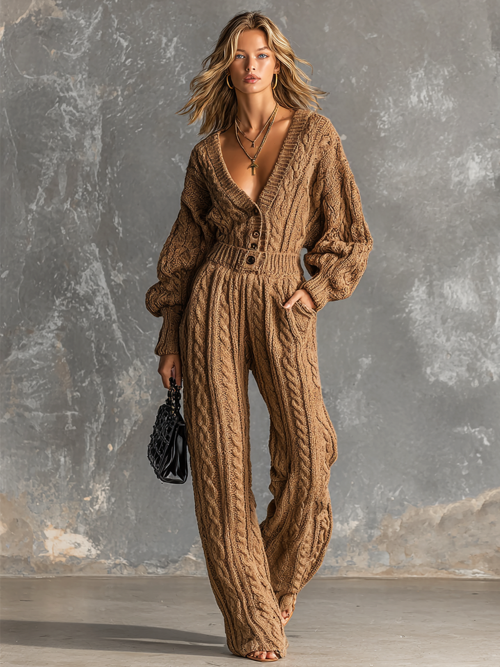 Mono Chic Elegante Camel con Cuello en V, Botonadura Frontal y Manga Larga en Punto Cable