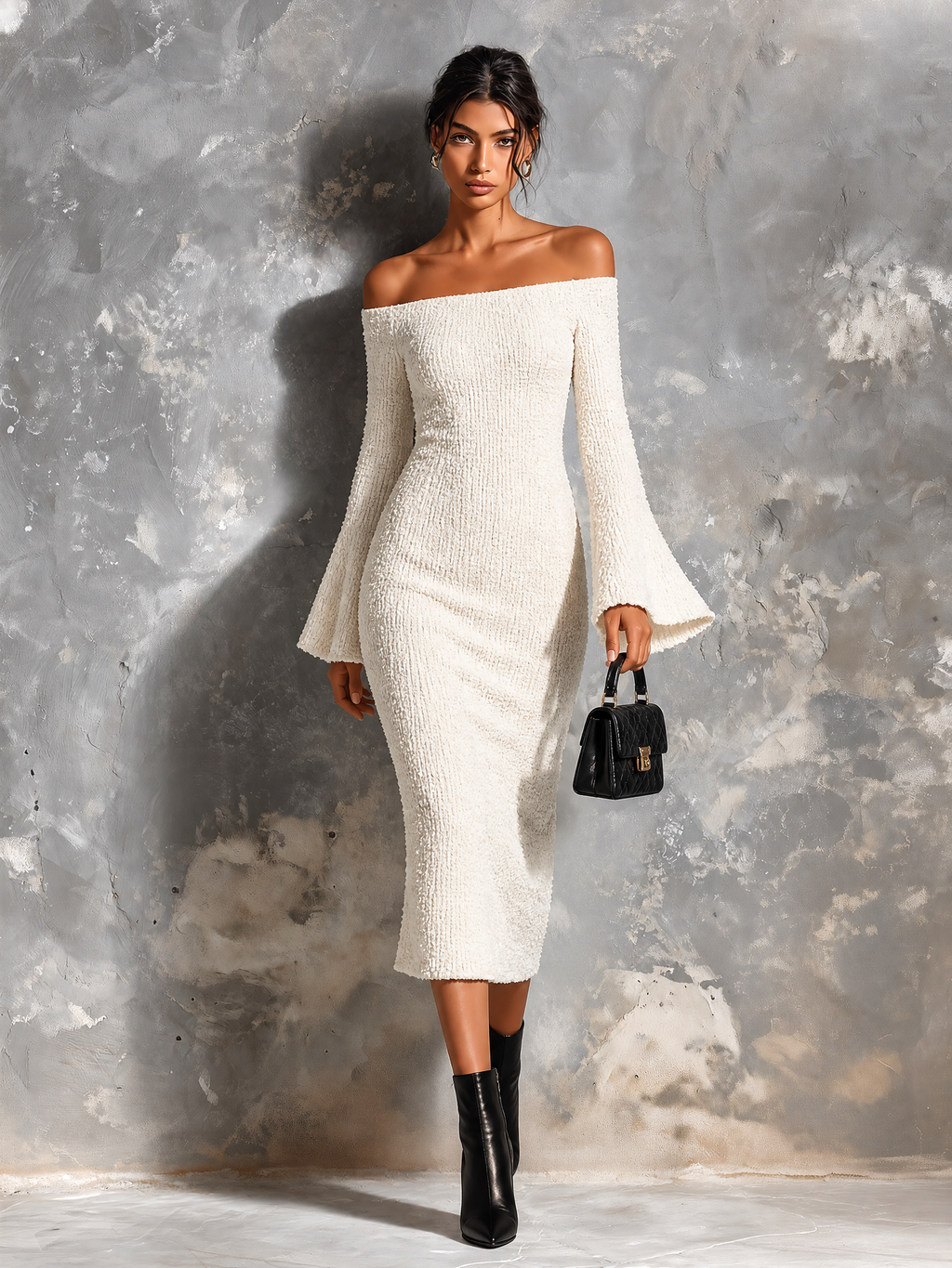 Vestido Midi Chic Casual Blanco Off-Shoulder con Manga Larga Acampanada