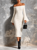 Vestido Midi Chic Casual Blanco Off-Shoulder con Manga Larga Acampanada
