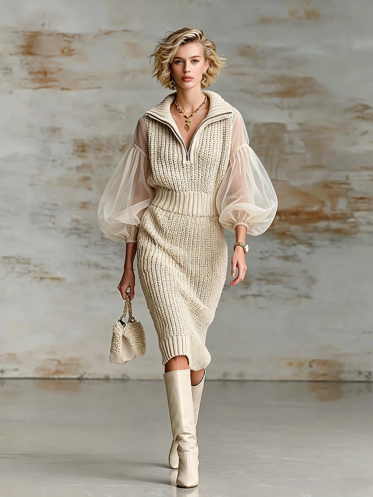 Vestido Midi Chic Elegante Beige con Cuello Solapa, Mangas Puff de Organza y Cintura Elástica