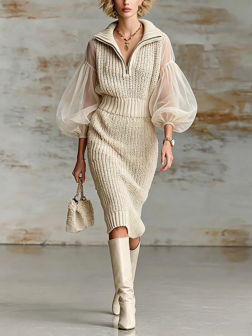 Vestido Midi Chic Elegante Beige con Cuello Solapa, Mangas Puff de Organza y Cintura Elástica