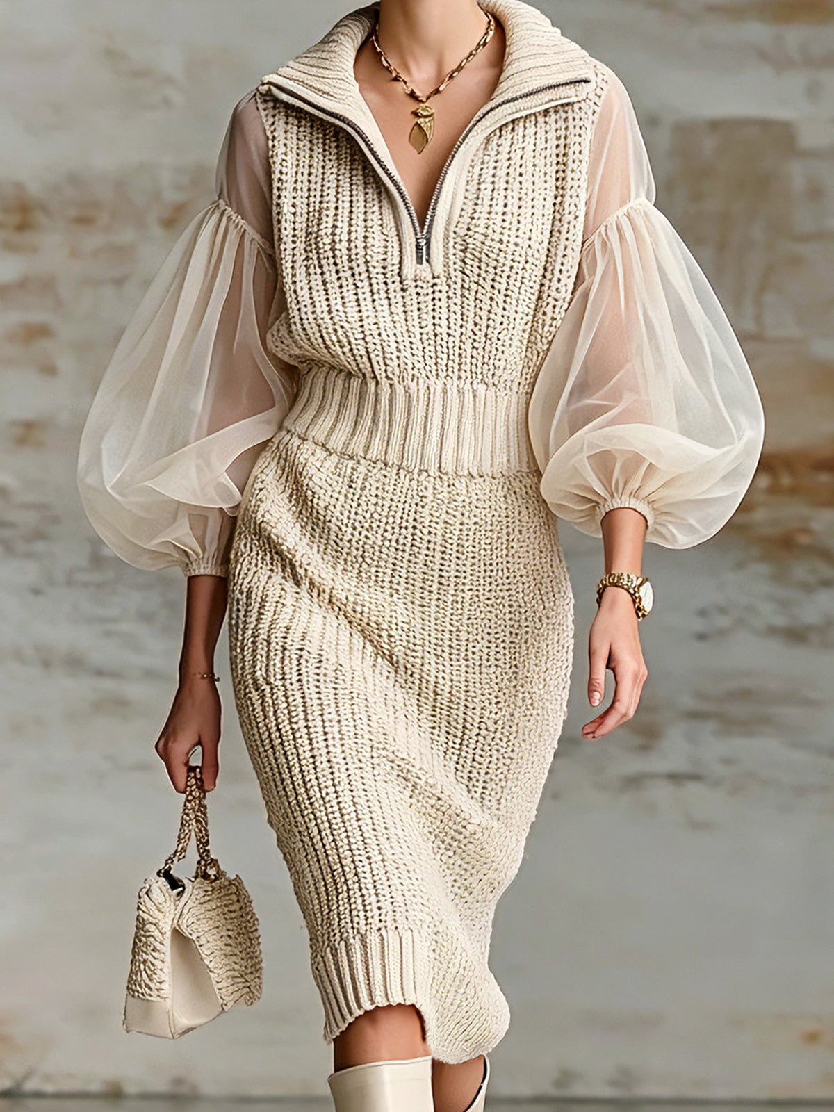 Vestido Midi Chic Elegante Beige con Cuello Solapa, Mangas Puff de Organza y Cintura Elástica