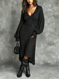 Vestido Midi Chic Elegante Negro con Cuello en V, Lentejuelas Patchwork y Dobladillo Plisado