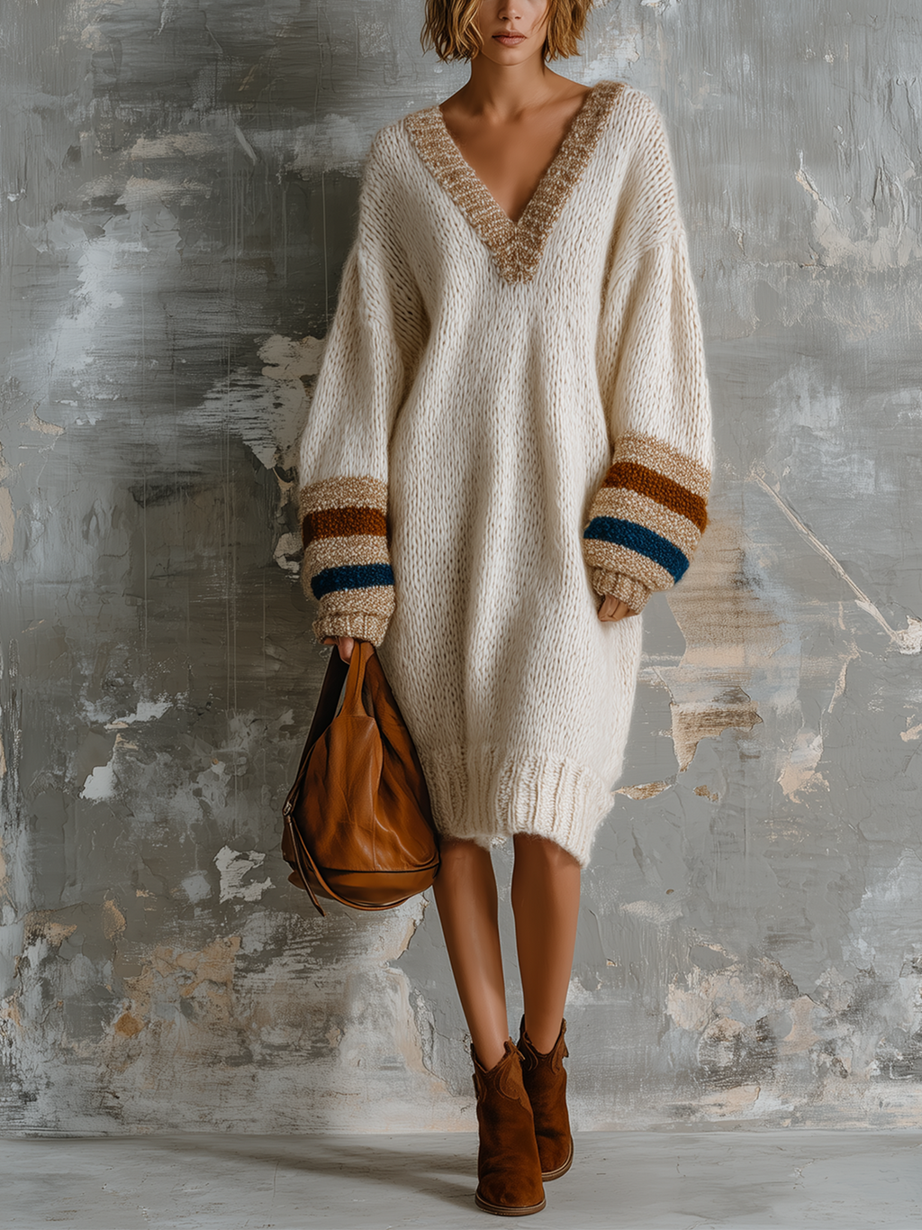 Vestido Midi Chic Elegante Blanco Roto con Cuello en V, Rayas en Contraste y Manga Larga