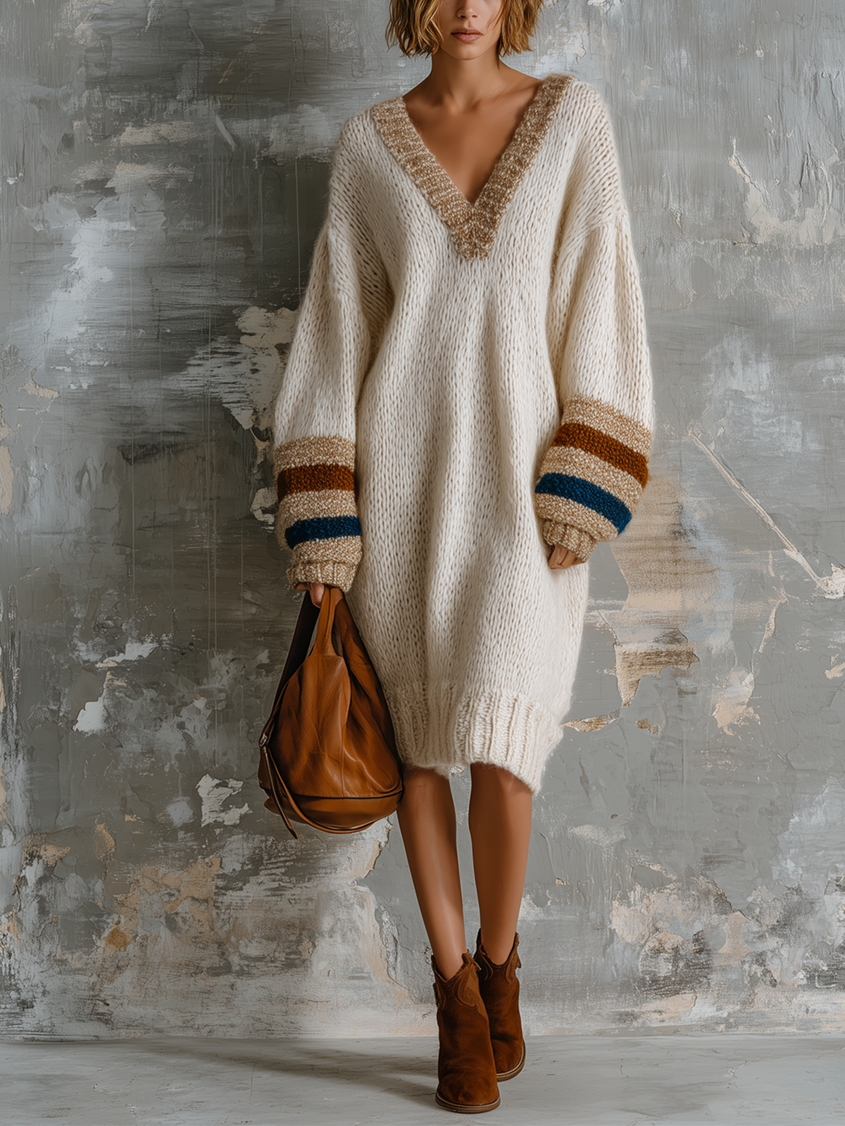 Vestido Midi Chic Elegante Blanco Roto con Cuello en V, Rayas en Contraste y Manga Larga