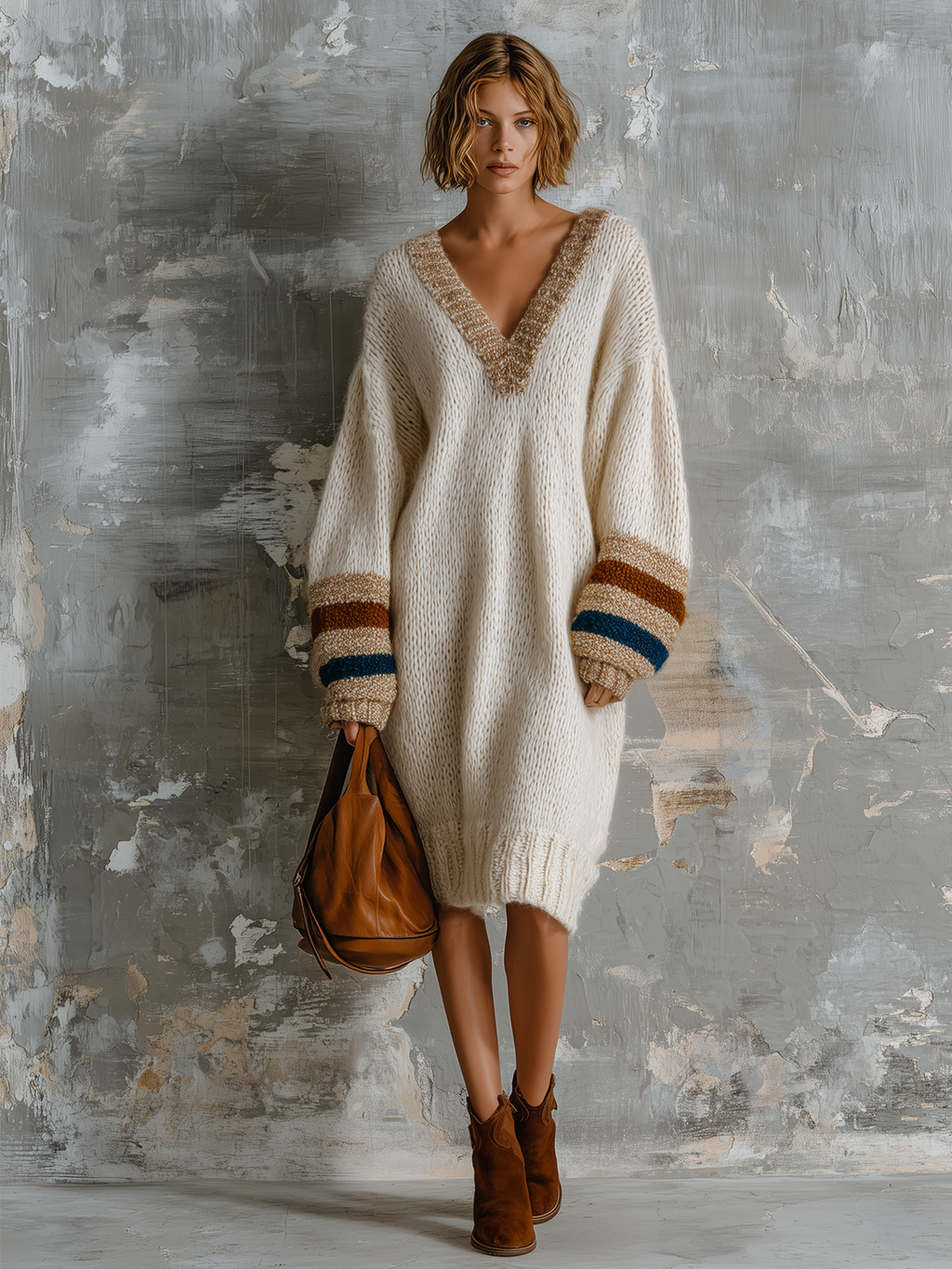 Vestido Midi Chic Elegante Blanco Roto con Cuello en V, Rayas en Contraste y Manga Larga