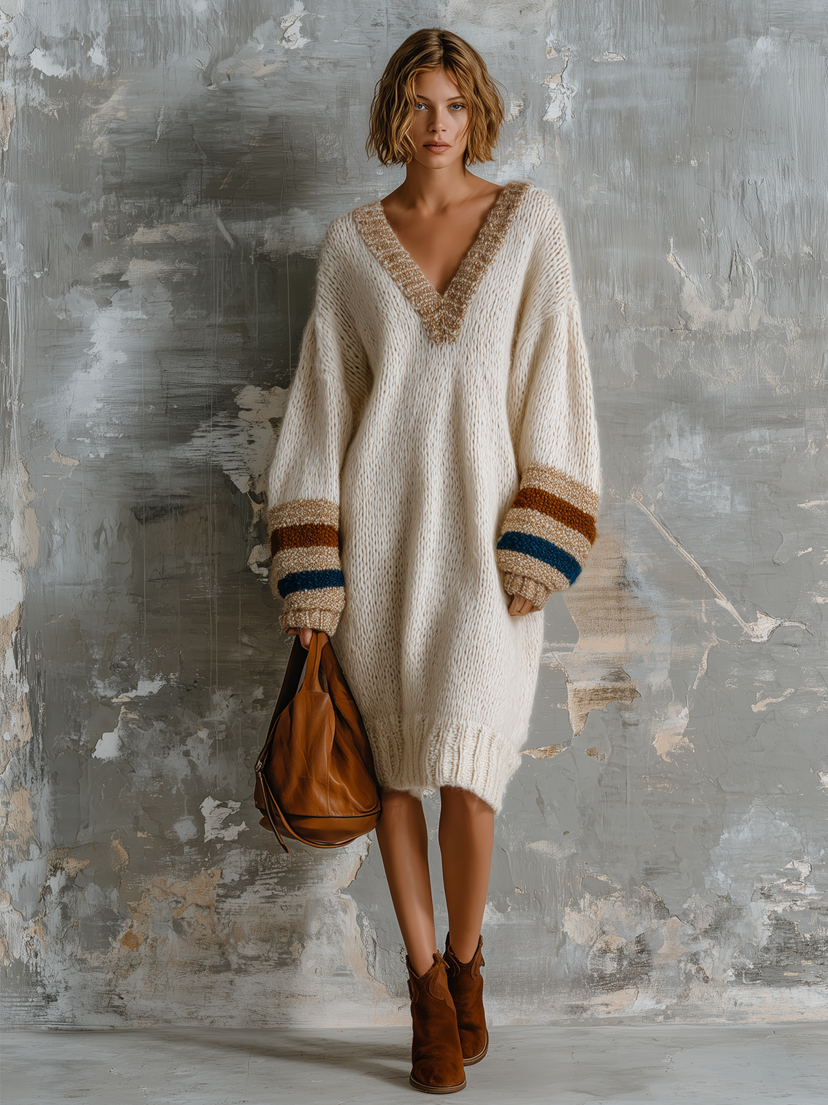 Vestido Midi Chic Elegante Blanco Roto con Cuello en V, Rayas en Contraste y Manga Larga