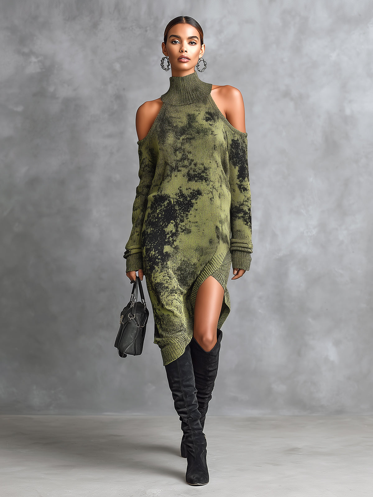 Vestido Midi Chic Casual Verde Militar Camuflaje Jacquard con Cuello Alto y Hombros Recortados