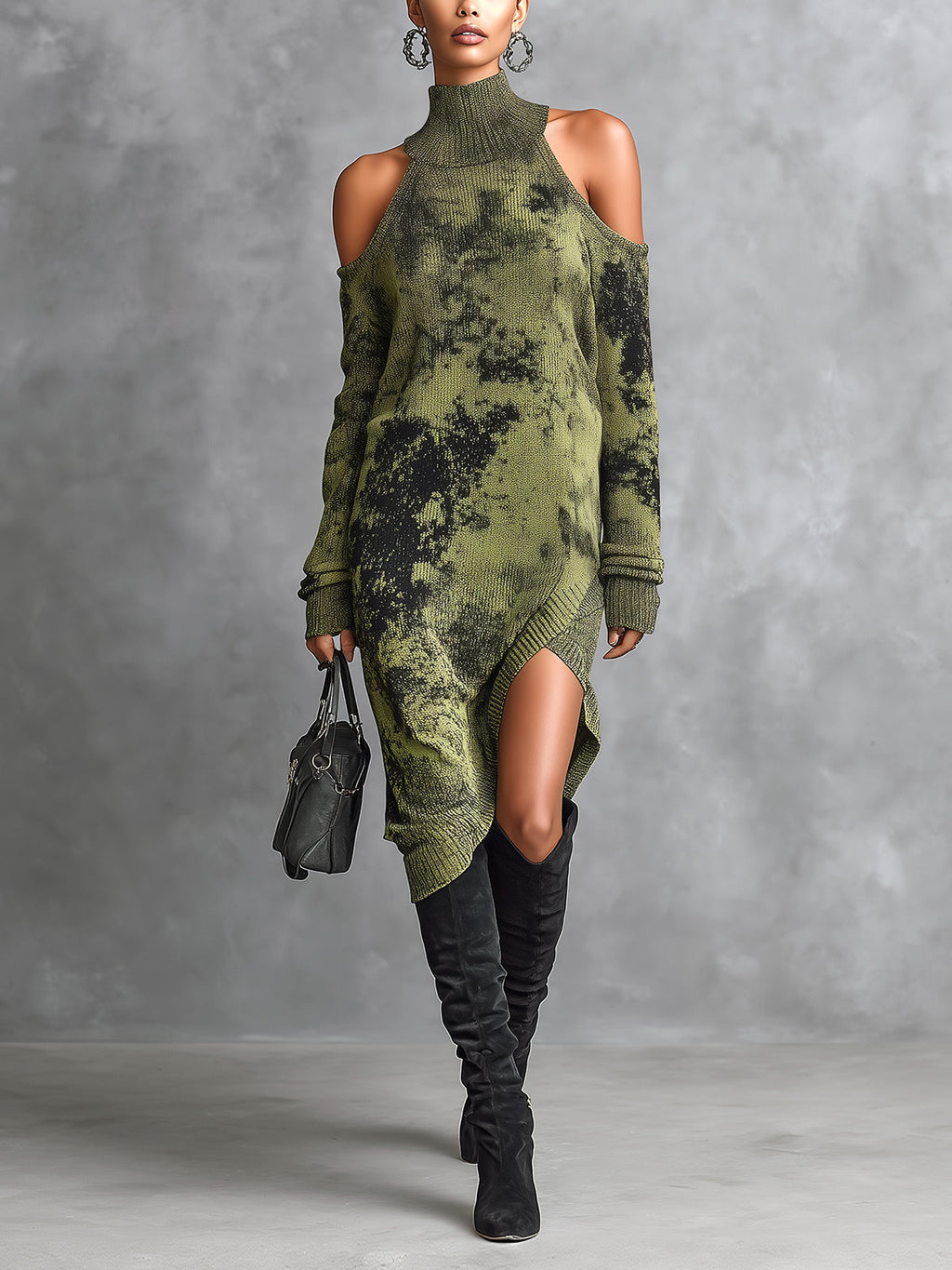 Vestido Midi Chic Casual Verde Militar Camuflaje Jacquard con Cuello Alto y Hombros Recortados