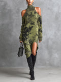 Vestido Midi Chic Casual Verde Militar Camuflaje Jacquard con Cuello Alto y Hombros Recortados