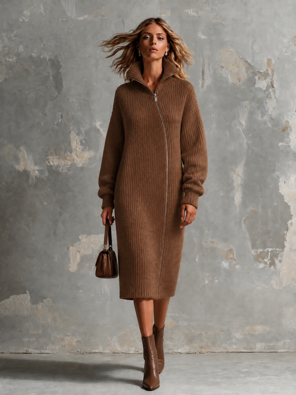 Vestido Midi Chic Elegante Café con Cuello Alto, Cremallera Asimétrica y Manga Larga