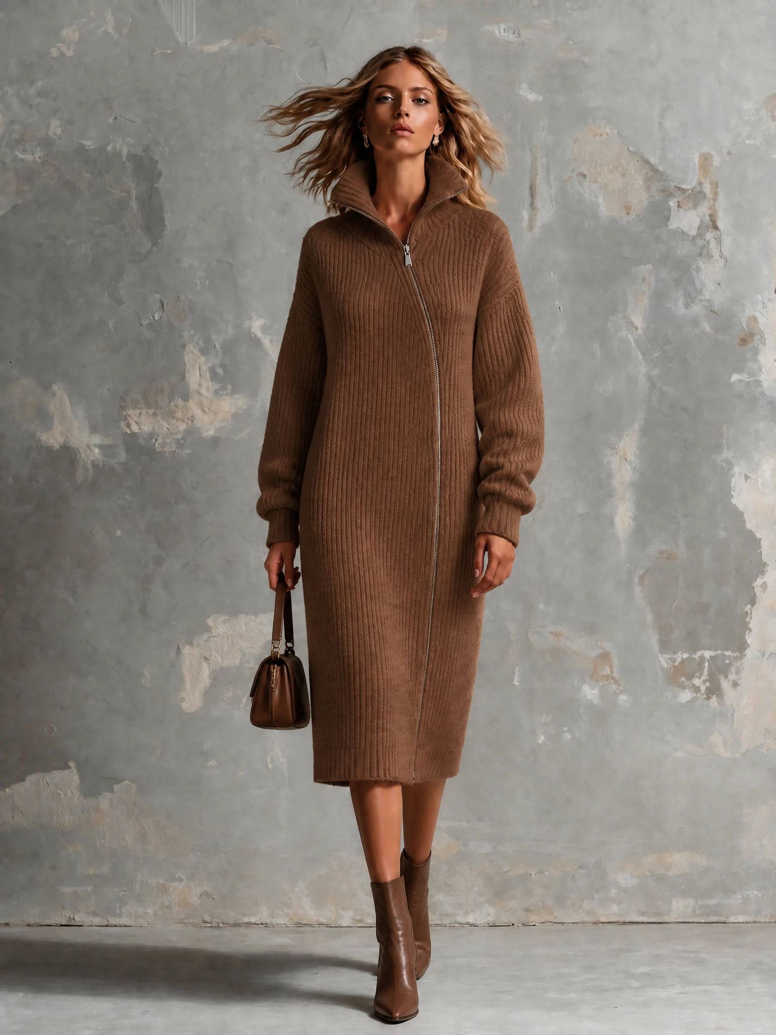 Vestido Midi Chic Elegante Café con Cuello Alto, Cremallera Asimétrica y Manga Larga