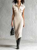 Vestido Midi Chic Casual Beige con Cuello Solapa, Cremallera, sin Mangas y Bolsillos de Solapa