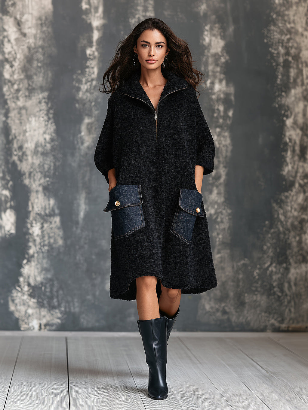 Vestido Midi Chic Casual Negro con Cuello Solapa, Cremallera, Bolsillos de Mezclilla y Línea A