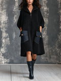Vestido Midi Chic Casual Negro con Cuello Solapa, Cremallera, Bolsillos de Mezclilla y Línea A