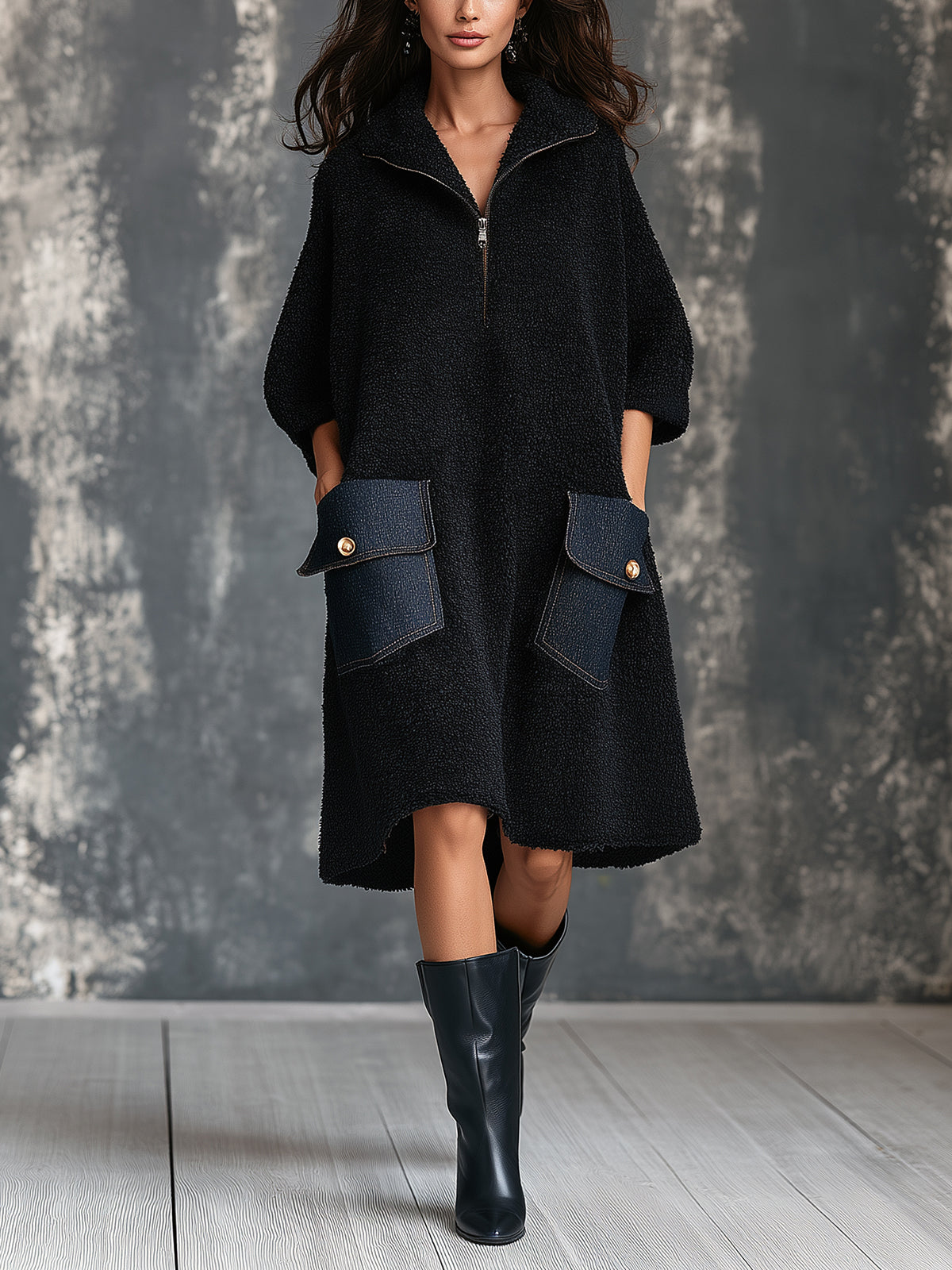 Vestido Midi Chic Casual Negro con Cuello Solapa, Cremallera, Bolsillos de Mezclilla y Línea A