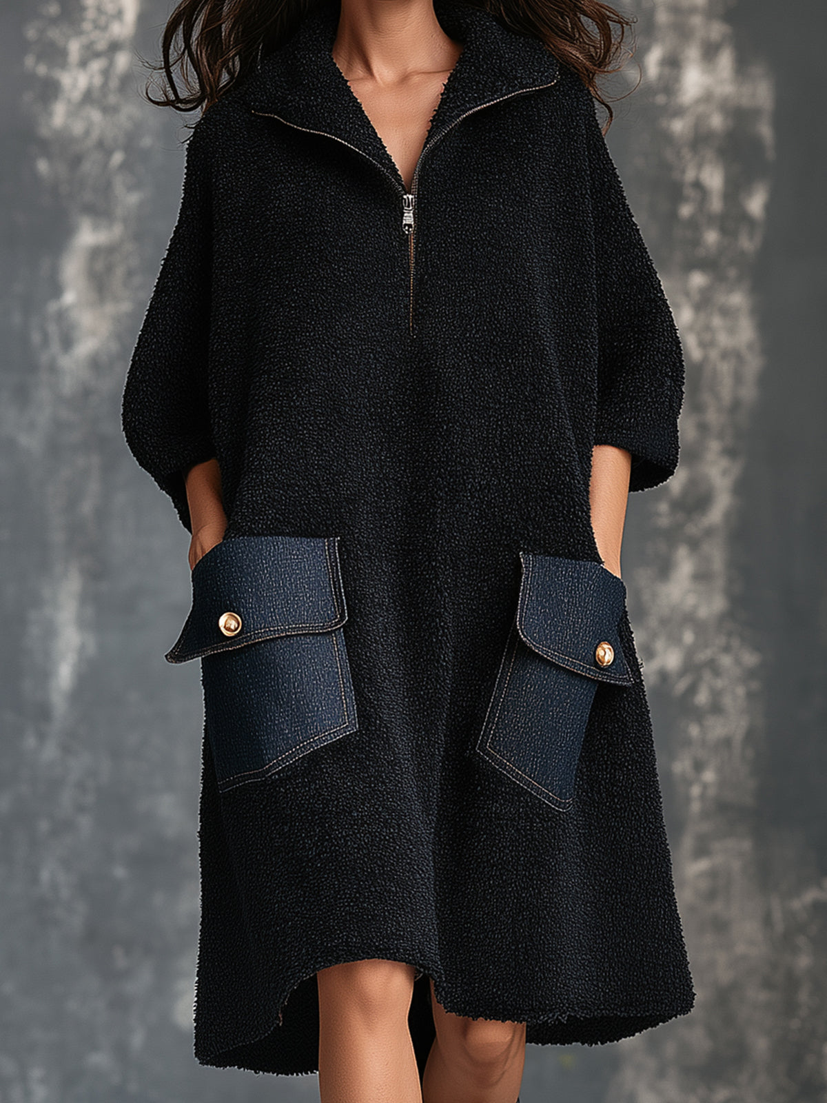 Vestido Midi Chic Casual Negro con Cuello Solapa, Cremallera, Bolsillos de Mezclilla y Línea A