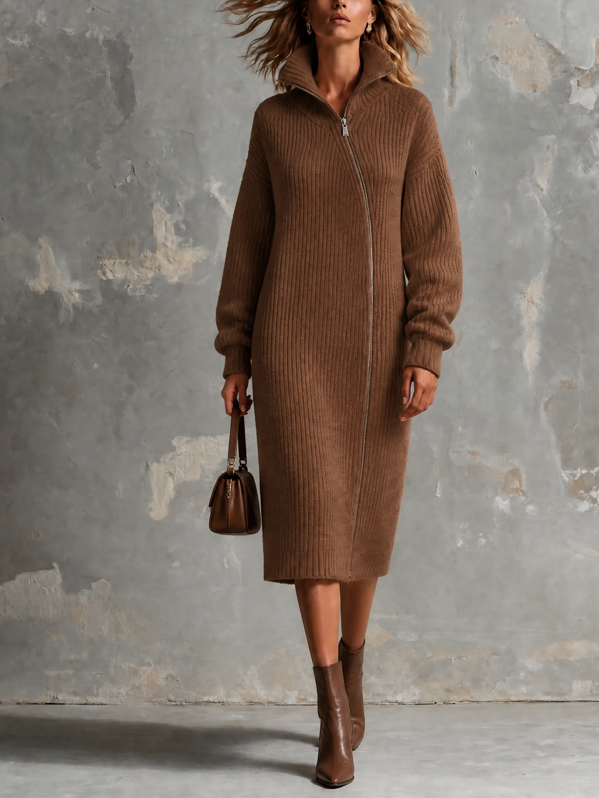 Vestido Midi Chic Elegante Café con Cuello Alto, Cremallera Asimétrica y Manga Larga