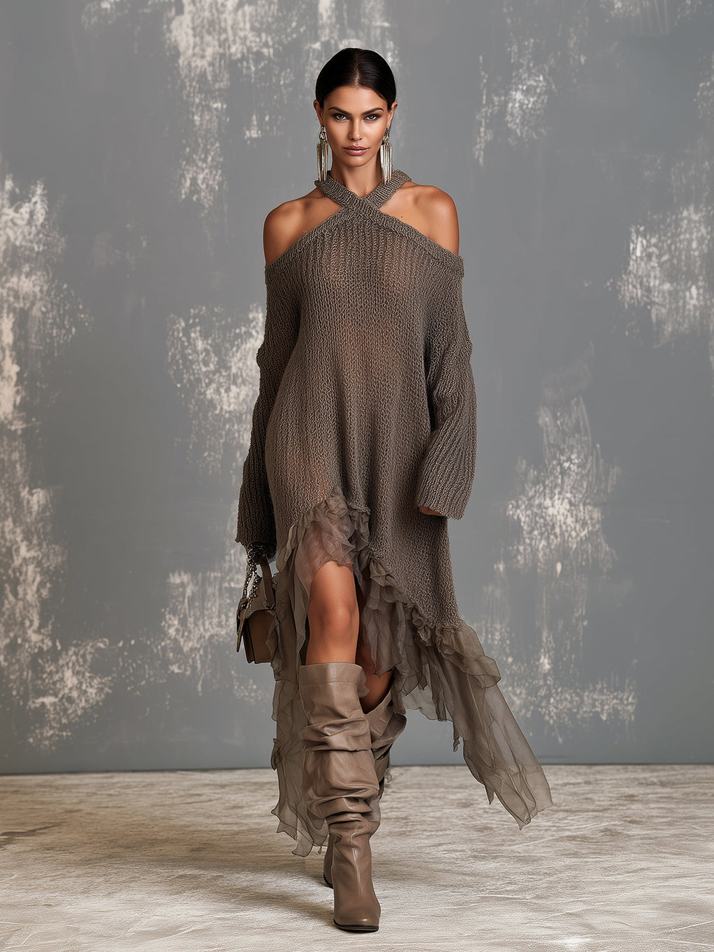 Vestido Midi Chic Elegante Café Halter con Hombros Descubiertos, Manga Larga y Dobladillo con Volantes