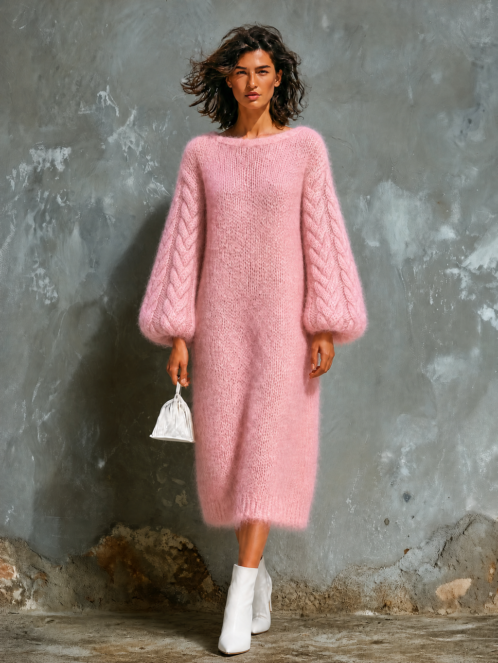 Vestido Midi Chic Elegante Rosa con Cuello Barco, Cable y Mangas Globo en Mezcla de Mohair