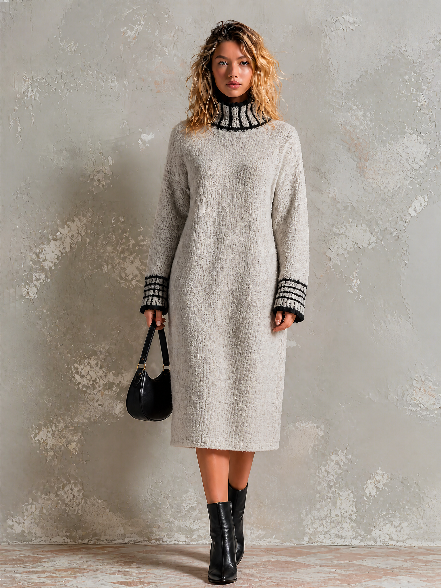 Vestido Midi Chic Elegante Gris Claro con Cuello Alto, Ribete en Contraste y Manga Larga